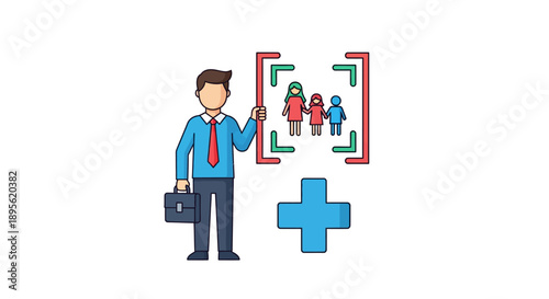 Family Health Insurance Agent Illustration. Businessman Offering Protection Plan, Coverage, and Security for Nuclear Family with Medical Cross Icon.