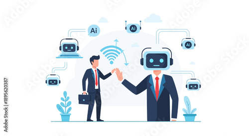 AI and Human Collaboration in Business. Robot Chatbot Partner High-Fiving Businessman, symbolizing Digital Transformation, Automation, and the Future of Work.