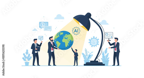 Artificial Intelligence Illuminating Global Business Strategy and Digital Innovation. Team Collaborating on Worldwide Tech Solutions.