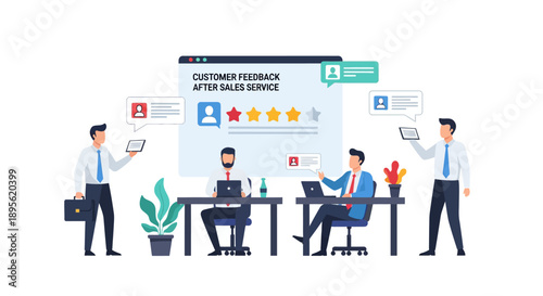 Business Team Analyzing Customer Feedback and After Sales Service Reviews on Screen. Quality Management, CRM, and 4-Star Rating Vector Illustration.