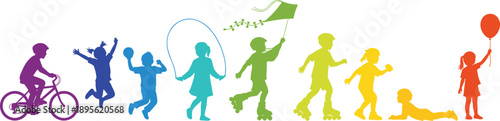 Colorful silhouette children playing outdoors with bicycle, kite, balloons, soccer, roller skating, jump rope, crawling toddler, joyful childhood activities illustration