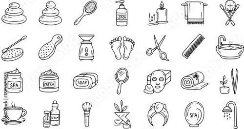 Black and White Line Art Icons of Spa and Beauty Products, Tools, and Treatments