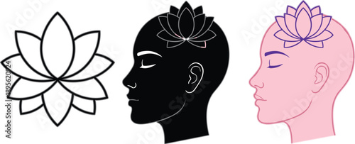 Mindfulness and mental balance concept with human head silhouettes and lotus flower symbolizing calm, awareness, and inner peace