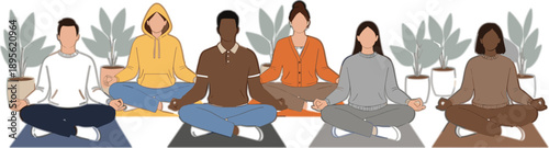 Group meditation and mindfulness practice with diverse people sitting cross legged indoors, calm wellness lifestyle illustration