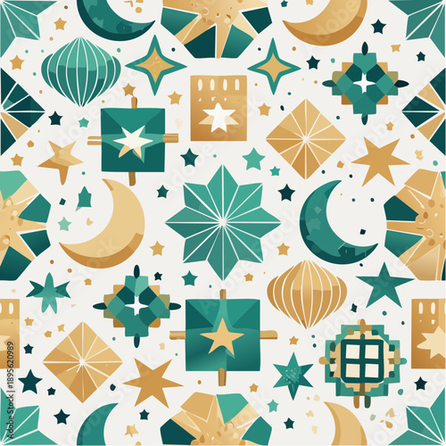 Seamless Islamic geometric vector pattern with arabesque ornament and crescent moon elements, featuring a symmetrical repeating design in clean flat style, suitable for Ramadan backgrounds.