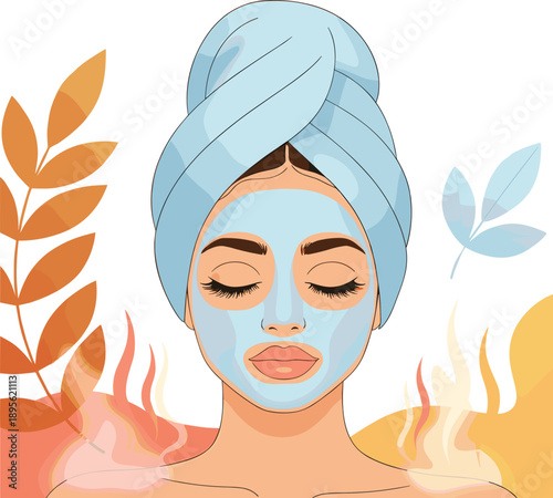 Relaxing beauty illustration of a woman with a facial mask and towel wrap, representing skincare, self care, wellness, and spa relaxation