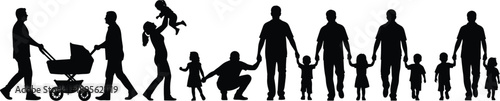 Silhouette family figures with parents, children, baby stroller, caregiving, bonding, parenting, childhood growth, unity, love, support, generational connection illustration