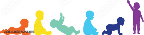 Colorful baby silhouettes showing physical development stages from lying, sitting, crawling to standing, symbolizing growth, parenting, family care illustration