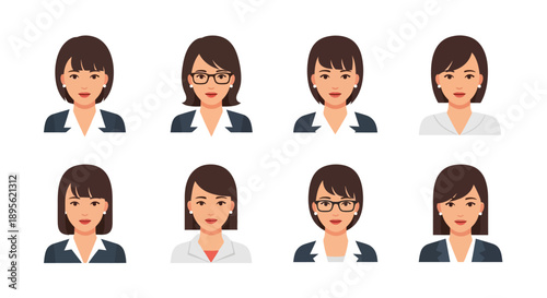 Professional Businesswoman Avatars Set. Vector collection of female employee profile icons with various hairstyles and glasses.