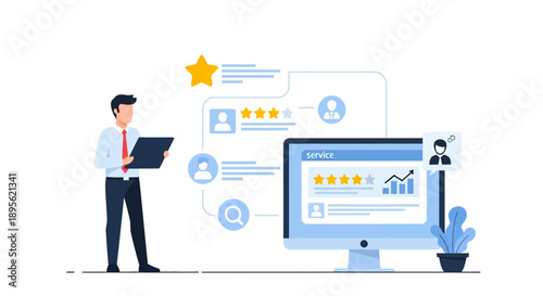 Customer Feedback Management System Illustration. Businessman analyzing service quality, star ratings, and online reviews flow for performance improvement.