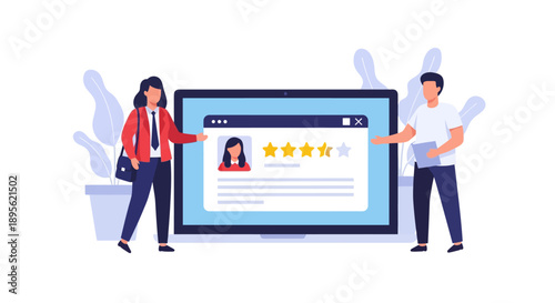 Customer Review and Service Rating System. Business People Analyzing Online Feedback and Testimonials for Reputation Management (Vector Illustration).
