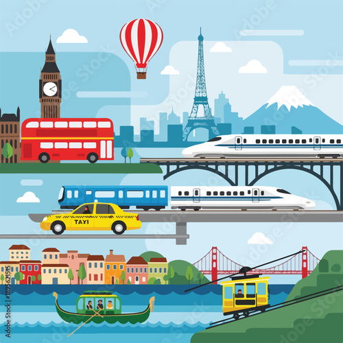 A cartoon depiction of travel and iconic world locations