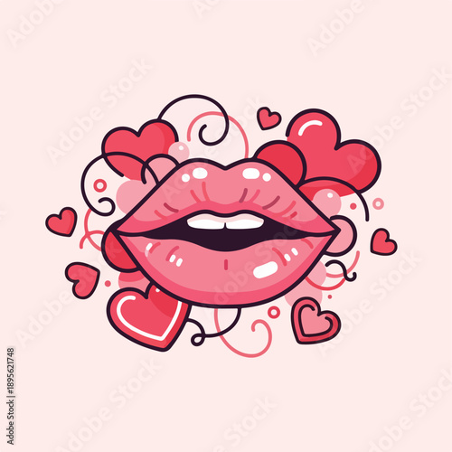 A cartoon image of lips surrounded by hearts on a light pink background