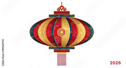 A vibrant red and gold Chinese lantern icon with a horse design, symbolizing good fortune for the 2026 Lunar New Year, set against a clean white background with a mix of bold, colorful