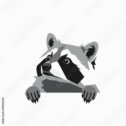 A cartoon raccoon peeking over an unseen object, in grayscale