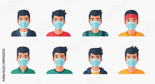 Set of 8 Male Avatars Wearing Protective Medical Masks. Diverse Flat Vector Characters Representing Public Health, Safety, and Virus Prevention Iconography.