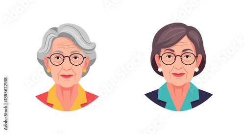 Senior Business Women Avatars with Glasses. Set of Flat Vector Portraits of Distinguished Older Female Professionals or Executives on White Background.