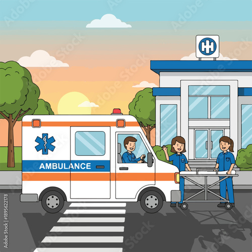 A cartoon scene featuring an ambulance arriving at a hospital at sunset
