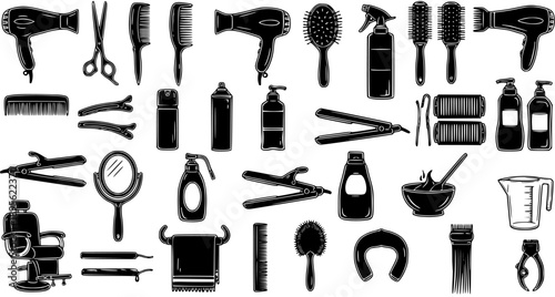 Black and White Line Art Icons of Hair Salon Tools and Barber Equipment