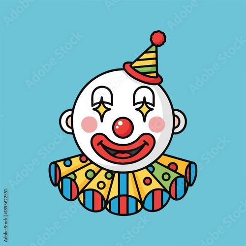 A cartoon-style clown head with a smile, hat, and colorful neck ruff