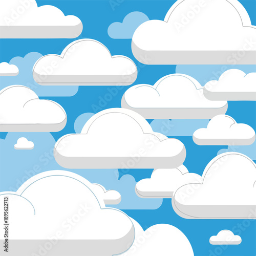 A cartoon-style illustration of fluffy white clouds in a bright blue sky