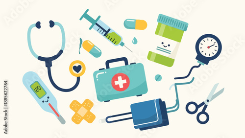 A cartoon-style illustration of medical tools and instruments