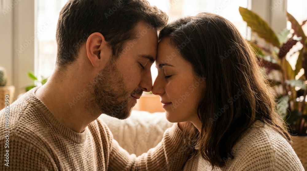 Obraz premium Young Couple Sharing a Tender and Intimate Moment with Foreheads Touching
