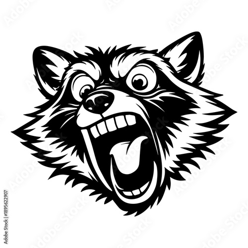 Crazy cartoon raccoon head with exaggerated screaming expression in black and white line art
