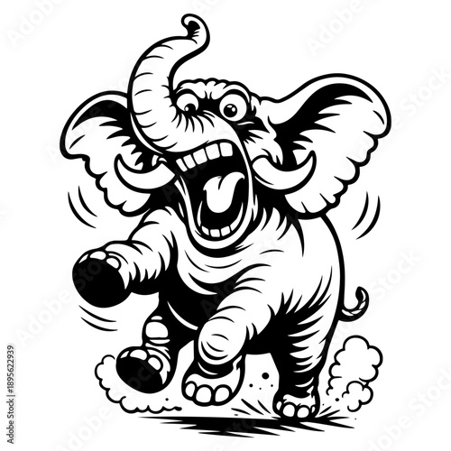 Crazy cartoon elephant running with exaggerated expression in black and white line art. Fun comic character for kids art, prints, stickers, cutting.