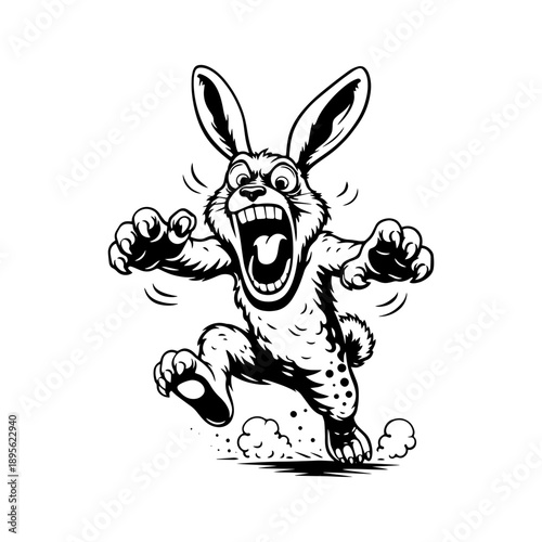 Crazy cartoon rabbit running forward with exaggerated wild expression in black and white line art. Funny comic animal character for prints, stickers, cutting