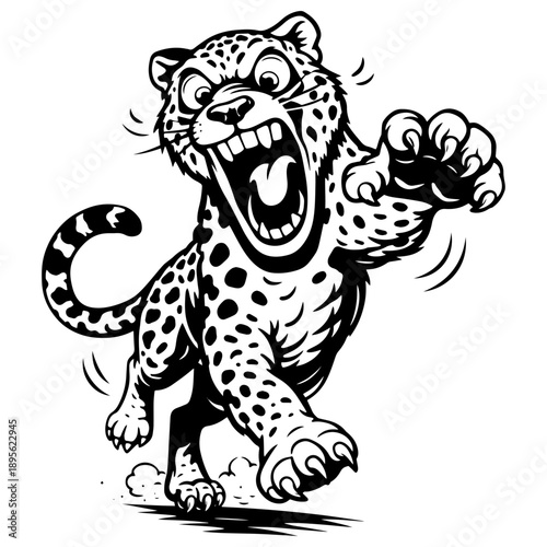 Crazy cartoon leopard running forward with wild expression in black and white line art. Dynamic comic animal character for prints, stickers, cutting.