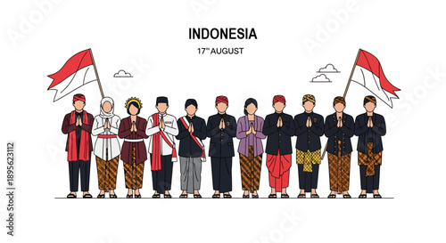 Indonesian Independence Day Celebration: Diverse People in Traditional Clothes Holding Flag (17th August Vector)