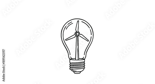 Hand-drawn graphic depicting a light bulb encompassing a wind turbine, symbolizing innovative sustainable energy, eco-friendly solutions, and the future of green power generation ideas
