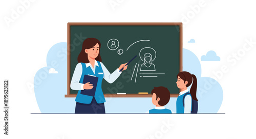 Female Teacher Teaching Students in Classroom using Blackboard Illustration. Education, school, learning, mentorship concept.