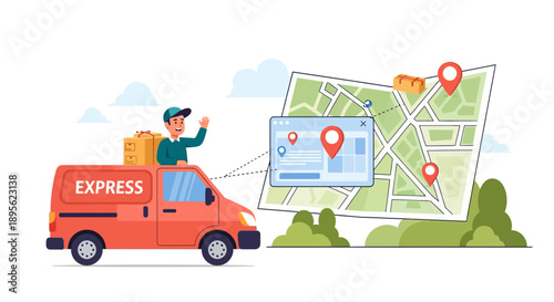 Express Delivery Logistics: Courier Van Driver with GPS Tracking Map for Fast Shipping and E-commerce Fulfillment