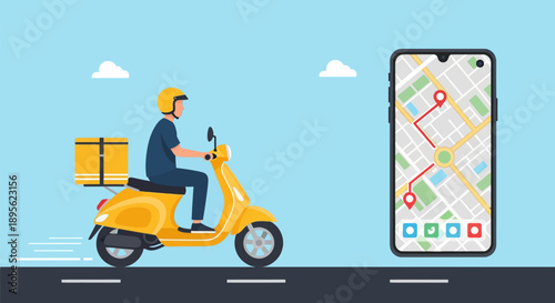 Online Delivery Service: Courier Riding Scooter with GPS Tracking Map on Smartphone Screen. Last Mile Logistics Concept.