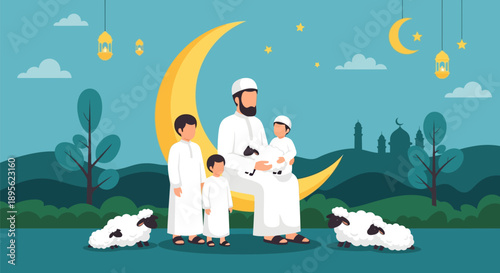 Muslim Father and Sons Celebrating Eid al-Adha with Sheep. Islamic Family Qurbani Tradition Vector Background.