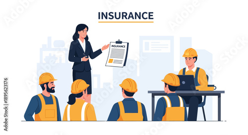 Construction Worker Insurance Policy Meeting. Agent Explaining Safety, Liability, and Employee Workers Compensation Benefits Illustration.