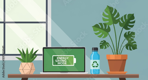 Concept of a sustainable lifestyle with a laptop displaying energy saving mode, a water bottle with recycling symbol, and green plants on a desk near a window