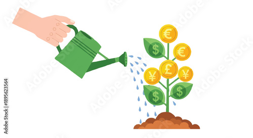 Illustration of a hand watering a money tree with coins as leaves, symbolizing financial growth and investment