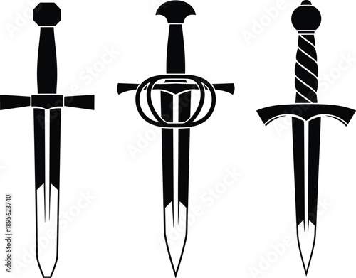 Medieval dagger silhouettes set in black and white showing fantasy weapons blades historical combat symbols illustration design collection