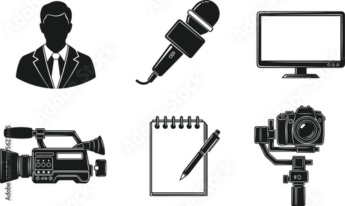 Media and journalism icon set, reporter microphone camera notebook television symbols, news broadcasting tools, minimalist black vector illustration
