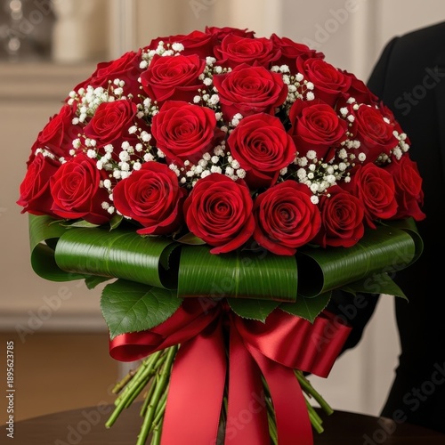 Elegant bouquet of red roses with delicate white babys breath.