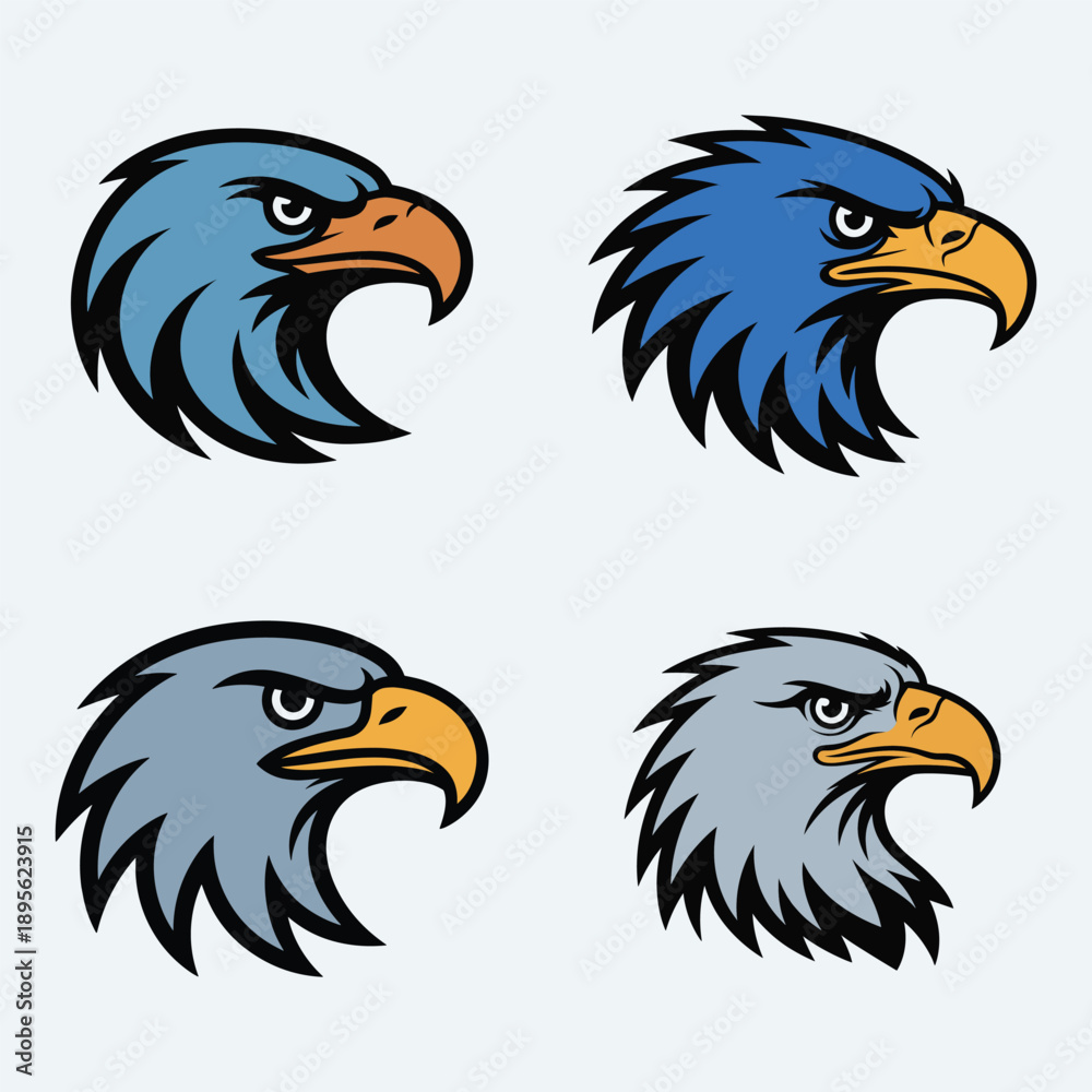 Fototapeta premium Four colorful eagle head emblems in blue, grey, and light blue, exuding confidence and authority.
