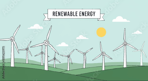 Sustainable Wind Energy Generation An Illustrated Landscape Featuring Modern Wind Turbines on Verdant Hills Under a Bright, Clear Sky Representing Clean Power