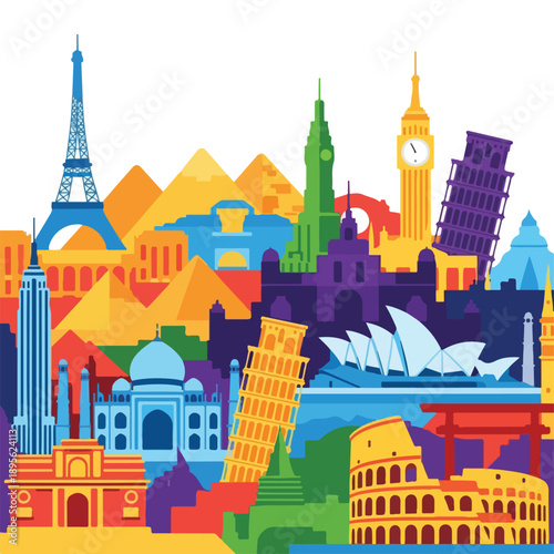 A colorful vector illustration of famous landmarks worldwide