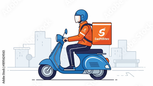 A delivery driver on a scooter with a package in front of buildings