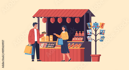 Couple Shopping at Traditional Asian Street Food Market Stall. Flat Vector Illustration of Local Commerce and Buying Experience.