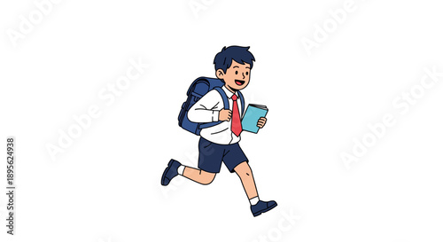 Happy school boy running in uniform with backpack and book. Student hurrying to class. Isolated vector illustration.