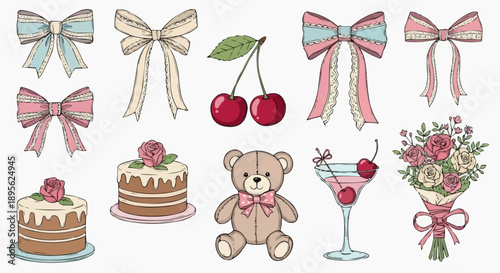 Charming Vintage Collection: An assortment of delicately drawn bows, plump cherries, elegant cakes, and a teddy bear are presented in a harmonious vintage illustration. Perfect for design projects.